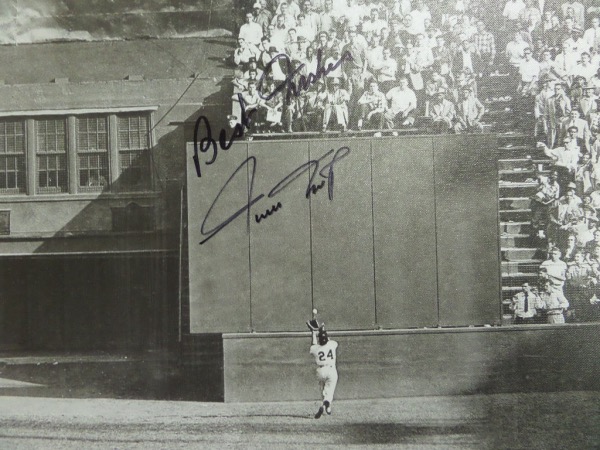 This 18x22 real canvas is adorned with a black and white image--one of the most iconic in baseball history.  It is the shot of Willie Mays chasing down Vic Wertz's fly ball in the '54 Series, comes black sharpie-signed by the HOF great himself, with Best Wishes added, and retail is mid/high hundreds!