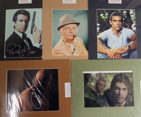 This outstanding entertainment lot is TEN different 11x14 matted photos, each hand-signed by the actor shown.  Included are Pierce Brosnan, Steve Carrell, Art Carney (dec), Sean Connery (dec), Russell Crowe, Michael Fassbender, Tom Hardy, Chris Hemsworth, Damian Lewis and Robert Redford.  Most of these pieces are individually certified, and each and every piece can retail into the hundreds!