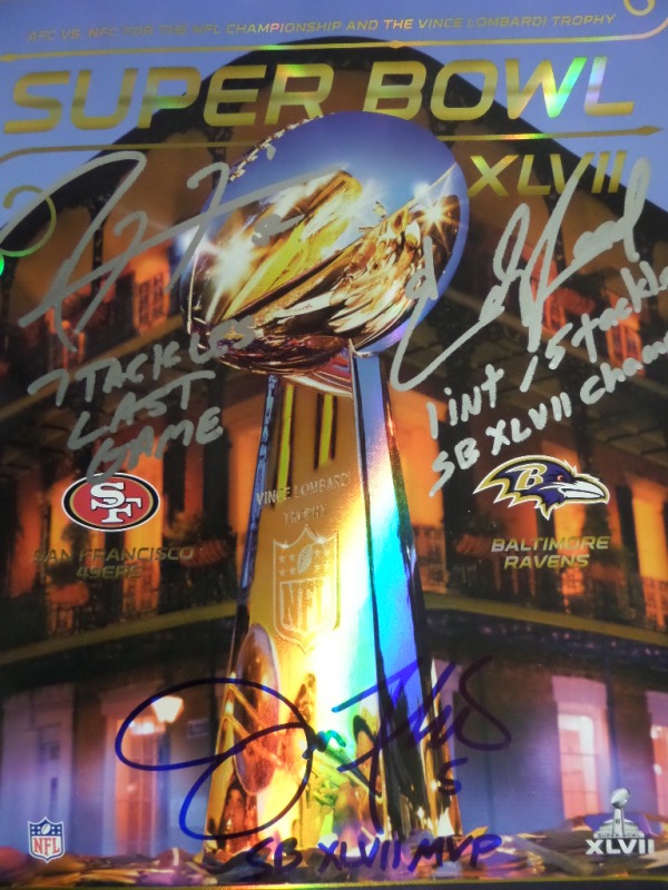 This full program for Super Bowl XLVII is still in EX/MT condition, and comes hand-signed by three stars from the eventual champion Baltimore Ravens.  Included in silver are HOF'ers Ray Lewis and Ed Reed, with each adding game stat inscriptions, and Joe Flacco in blue sharpie by a SB XLVII MVP inscription.  Awesome Ravens item, and retail is low thousands!