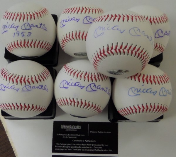 This lot contains 7 non-official white baseballs that are all in NM shape overall. Each comes sweet spot signed by this deceased Yankee legend with a few containing great inscriptions!  Each comes hologrammed by InPersonAuthentics for authenticity purposes. Retail value super high here!