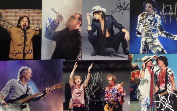 This wonderful music collector's chance is TWENTY-ONE different 8x10 photos of music stars, and each is autographed by the individual or duo shown.  Included are The Edge, Bono, Steven Tyler, Roger Waters, Mick Jagger/Keith Richards together, Michael Jackson, Charlie Watts, Ronnie Wood, Miley Cyrus, Eddie Vedder, Keith Richards, Mick Jagger, Ice Cube, Ringo Starr, Britney Spears, Fergie, Steven Tyler/Joe Perry together, Alice Cooper, Ozzy Osbourne and more.  Valued into the low thousands with so many stars from different walks!