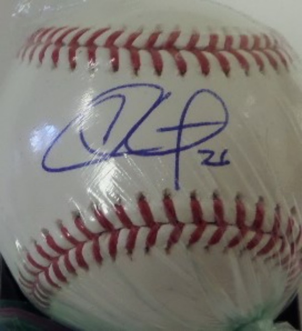 This Official Major League Baseball from Rawlings is in NM overall condition. It is hand-signed in blue ink on the sweet spot by Phillies/Dodgers great and possible HOF'er, Chase Utley.  The signature grades a legible 8.5, and the ball is valued well into the mid hundreds!