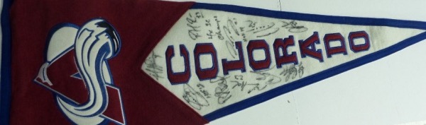 This 40" long Colorado Avalanche felt pennant is in EX/MT shape, and comes hand-signed in black sharpie by 10 stars of the franchise!  Included are Patrick Roy, Joe Sakic, Peter Forsberg, Adam Foote, Milan Hejduk, Rob lake, Chris Drury, Ray Bourque, Joe Klemm and Mike Ricci.  That's TEN stars and FOUR HOF'ers here, and retail is high hundreds!