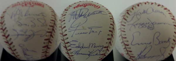 This Official 2004 All Star Game baseball from Rawlings is in NM shape, and comes blue ink-signed by Frank Robinson (ss), and 12 of his fellow 500 HR Club members.  Included are Griffey, Banks, Reggie, Aaron, McGwire, Killer, Murray, Mays, Sosa, Bonds, Palmiero and Schmidt.  With 4 now deceased, this ball is valued into the low thousands!