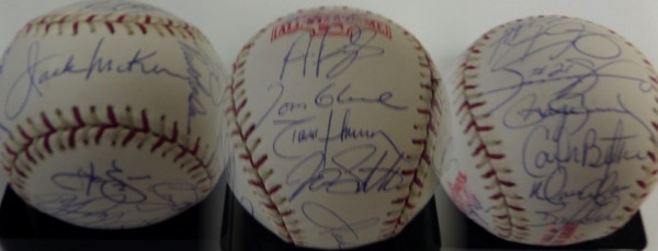 This Official 2004 All Star Game Baseball from Rawlings comes blue ink-signed by Manager Jack McKeon (ss), and 26 of his '04 NL All Stars.  Included are HUGE names like Larkin, Pujols, Glavine, Randy Johnson, Bonds, Berkman, Sosa, Clemens, Beltran, Piazza, Rolan, Cabrera, Thome, Helton and many more.  Awesome ball, with a slew of HOF'ers present, and retail is low thousands!