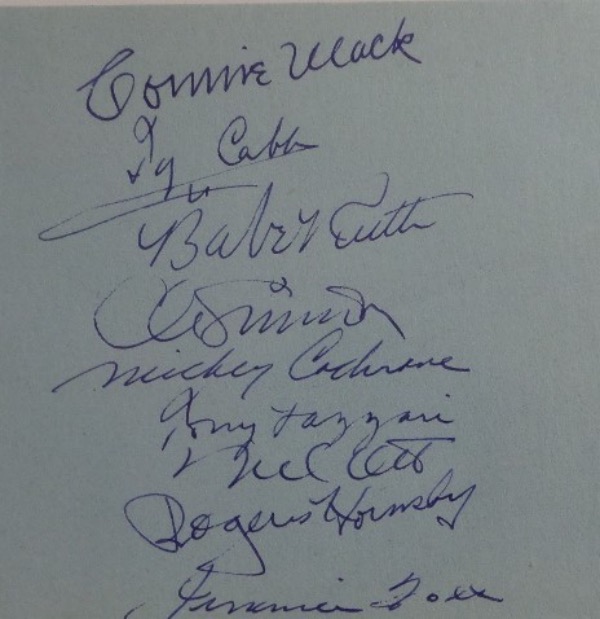 This full size autograph album page is in EX/MT shape, blue in color, and with rounded edges on the right.  It is hand-signed in blue ink by 9 of the most well-known figures in MLB history, all of whom are now enshrined in baseball's Hall of Fame.  Included are Connie Mack, Ty Cobb, Babe Ruth, Al Simmons, Mickey Cochrane, Tony Lazzeri, Mel Ott, Rogers Hornsby and Jimmie Foxx.  That'd be one hell of a lineup, and with all now deceased, we're talking THOUSANDS!!!