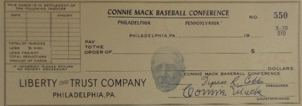 This Connie Mack Baseball Conference, Philadelphia Pennsylvania full check from the Liberty Trust Company is in EX/EX+ condition, and is signed in blue at the bottom by both Connie Mack and Tyrus R. Cobb.  Signatures grade 8's or better each, and retail is well into the thousands!