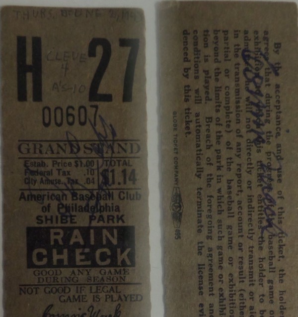 This small Grandstand ticket stub is for Shibe Park, better known as Connie Mack Stadium, and this one comes signed on the back by Connie Mack himself.  But wait, it also comes penned on the front by Georgia Peach, Ty Cobb, and with both signatures present, retail is low thousands on this collector's item!