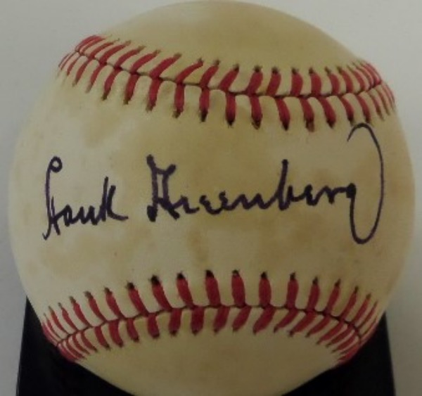 This Official National League Baseball from Rawlings is in EX overall condition, and come black sharpie-signed against the sweet spot by 2 time AL MVP and HOF Tigers 1st sacker, Hank Greenberg.  The signature grades a legible 8.5 overall, a nice example, and with his death now 40 years ago, balls from this legend have a book value of $2500.00+!!!