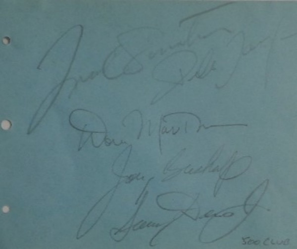 This very old cut of blue paper is still in EX/MT shape overall, measuring about 4.5x5.5, with rounded edges on the right, and comes hand-signed in pencil by all five main Rat Pack honorees.  Included are Frank Sinatra, Dean Martin, Sammy Davis Jr, Peter Lawford and Joey Bishop, with all signatures grading 6's or better, and with all five men now deceased, this piece is valued into the very high hundreds, and absolutely perfect for matting and framing with the photo of your choice!