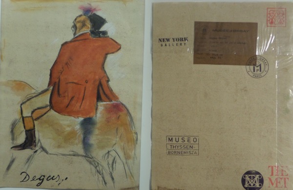 Wow, this gorgeous piece shows a man on a horse on it and is done in orange/yellows/browns,etc..  Last name signed largely at the bottom left by this deceased French Impressionist who died over 100 years ago! The back is loaded with gallery stamps & markings for authenticity purposes and it begs to be matted/framed and displayed! AMAZING!