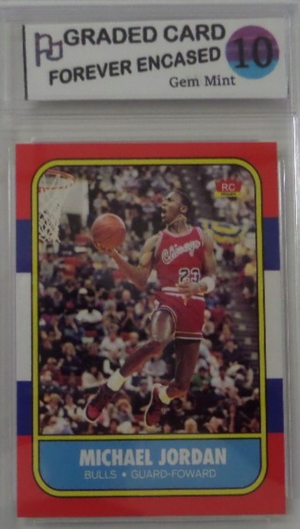 This #57 Fleer beauty comes slabbed and graded by FOREVER ENCASED as a MINT 10!  1 of the most in demand basketball cards out there and book value is super high on this hobby treasure. 