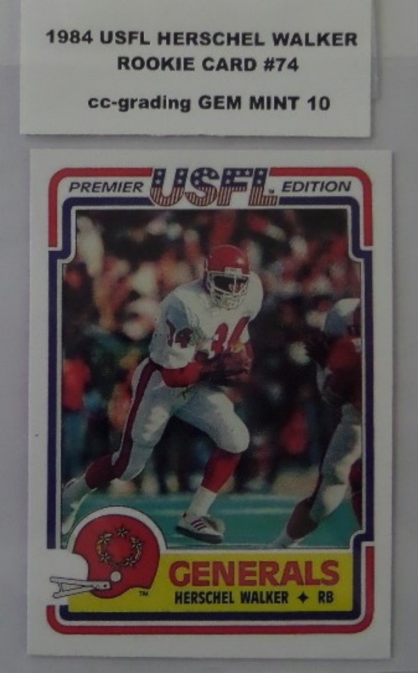 This card #74 from the defunct 1984 USFL card set is the Rookie card of Hall of Famer Herschel Walker.  This beauty has been graded Gem Mint 10 by CC-Grading and is valued High!  Great card to add to your collection. 