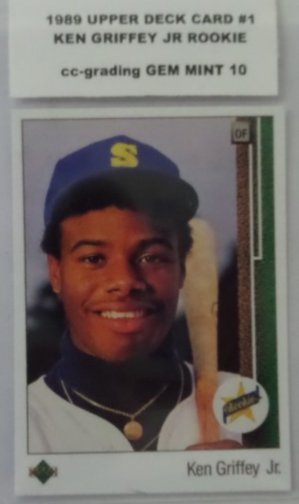 This Hall of Famer Ken Griffey Jr ROOKIE card #1 from the 1989 Upper Deck set comes graded GEM MINT 10 by CC-GRADING and deserves the grade as the card is centered and no flaws. Great card valued in the HIGH Hundreds in this condition and a MUST for the HOF'er ROOKIE card and sure to climb in value.