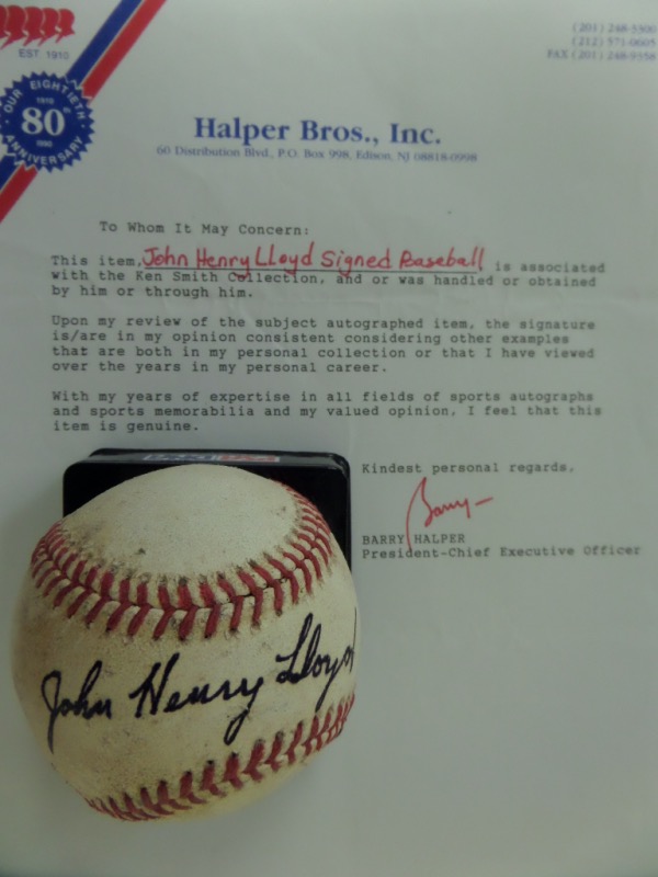 This vintage red-laced baseball is in G+ shape overall, obviously having been fairly well-kept throughout the years.  It is hand-signed in black across the sweet spot by the first Negro League superstar position player, Pop Lloyd!  The signature, reading John Henry Lloyd, grades a legible 6.5-7, and the ball looks simply fantastic.  Valued at $7000.00 from this Negro League HOF great, now deceased well over 50 years, with a low, low minimum bid to begin with!