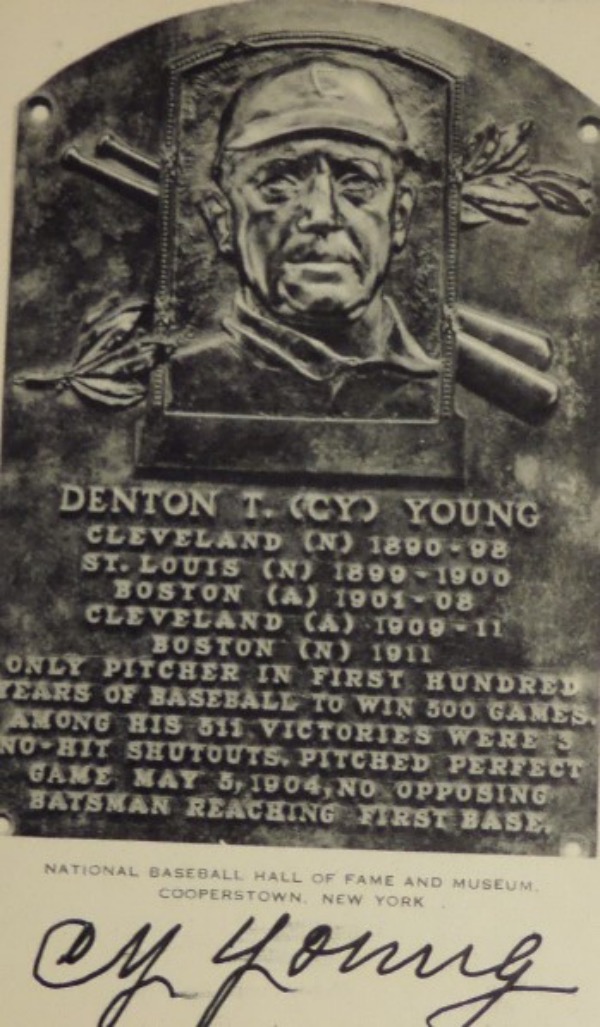 This very old black and white HOF plaque postcard of Cy Young is from Artvue and comes to us in VG+/EX overall condition.  It is hand-signed in BOLD black fountain pen ink by the 500 game winner and HOF great himself, grading a very strong 8 at least, and with Young's death now approaching 70 years ago, retail is low thousands!