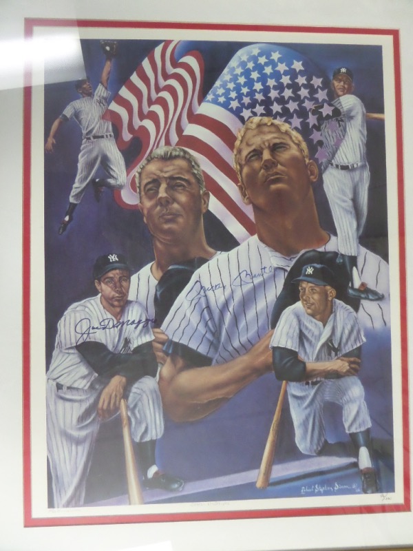 This large 26x32 wood-framed and white/red double-matted display is ready to hang and admire, and features a full color litho print from noted sports artist, Robert Stephen Simon.  The litho is numbered 96/500 and pencil-signed by the artist at the bottom, and comes hand-signed in blue felt tip maker by the two subjects of the artwork, Yankees HOF'ers Mickey Mantle and Joe DiMaggio.  A really great looking piece, 100% ready for display, and retail is low thousands!