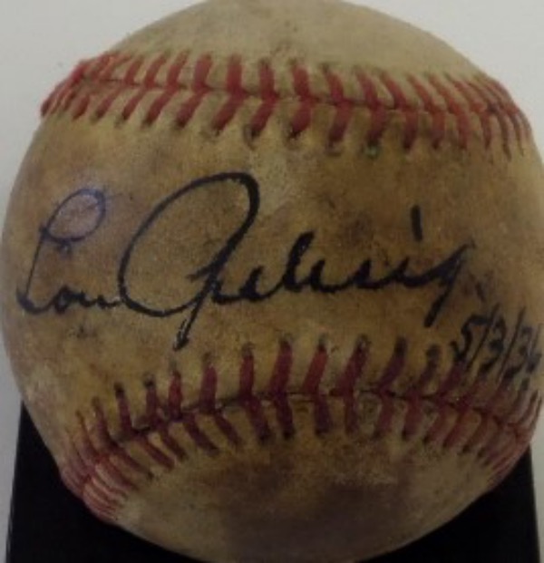 This very old, red-laced baseball shows significant age and toning, and is in F/G overall condition.  It features the sweet spot, black ink signature of The Iron Horse, himself, Yankees HOF great, Lou Gehrig, and grades an overall 6.5-7, with a 5/3/36 dated inscription.  With his death only a few years after this ball was signed, retail is well into the five figure range!!!