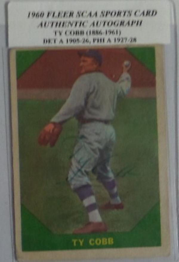 This 1960 Fleer Baseball Greats #42 Ty Cobb baseball card is still in VG condition overall, and comes hand-signed by the subject of the card, Tigers HOF'er and all time great, Ty Cobb.  The signature, in Cobb's standard green ink, grades a faded 5, and the card is sealed authentic by SCAA Sports Card Authentication.  A great looking investment item, and retail is high hundreds at least!