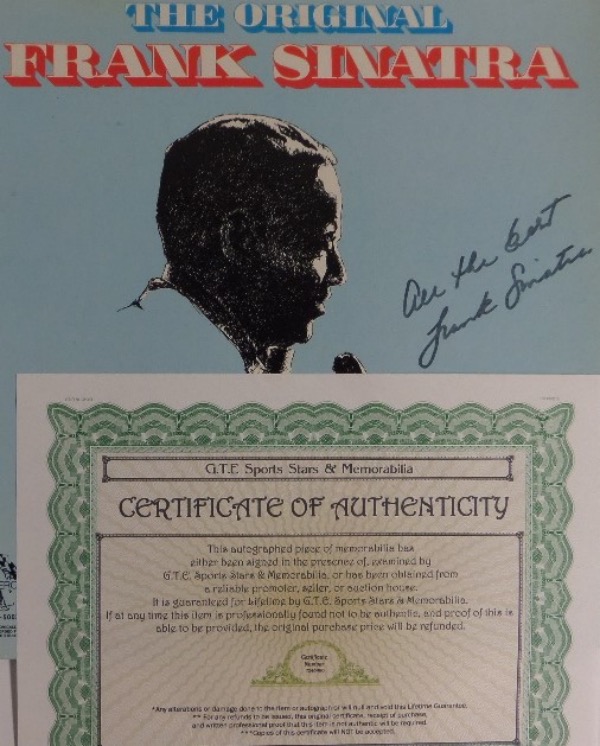 This original "The Original Frank Sinatra" compilation LP album is still in EX/EX+ condition overall, and comes hand-signed in black felt tip marker by The Chairman of the Board himself.  The signature grades an overall, legible 7, with All the Best added in his hand, and the album includes a COA from GTE Sports Stars & Memorabilia for authenticity purposes.  Valued well into the hundreds!