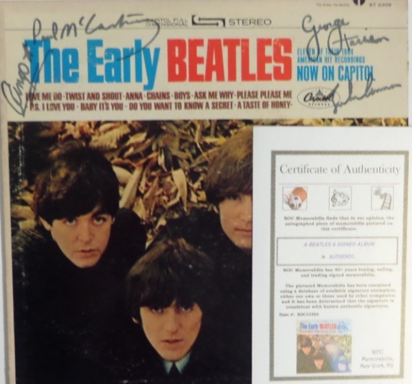 This original "The Early Beatles" compilation album from Capitol is in EX/EX+ condition, and comes front cover-signed in black felt tip marker by all four Beatles.  Included are John Lennon (dec), George Harrison (dec), Ringo Starr and Paul McCartney, with the signatures grading 7's-8's each, and the total retail value here is well into the thousands!  A photo LOA is included from ROC Memorabilia!