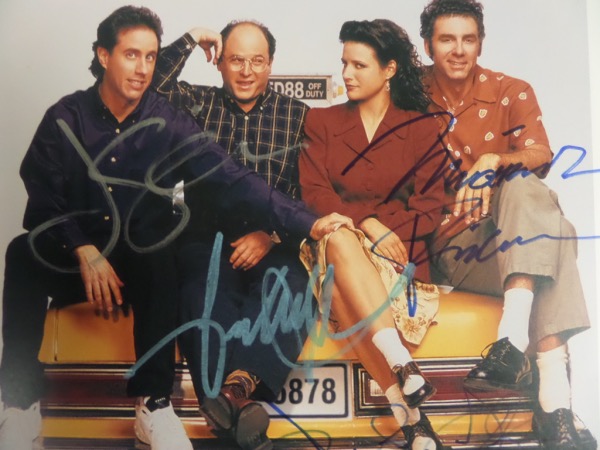 This NM color 8.5x11 photo shows the 4 main stars from this hit show sharing a hug! It comes signed by ALL 4 of them nicely in different colors, and included are Jerry Seinfeld, Jason Alexander, Michael Richards, & Julia Louise Dreyfus.  Retail is well into the hundreds!