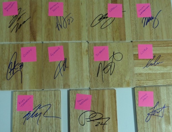 This high value opportunity is ELEVEN different 6x6 wooden floor boards, each of which comes hand-signed in either blue or black sharpie by one of today's shining court stars!  Included are Donovan Mitchell, Anthony Davis, Steph Curry, Giannis Antetokoumpo, Kevin Durant, Klay Thompson, Paul George, LeBron James, Nikola Jokic, LeBron James, and even the NBA's newest star, Victor Wembanyama.  No stone unturned here, and retail is into the thousands!