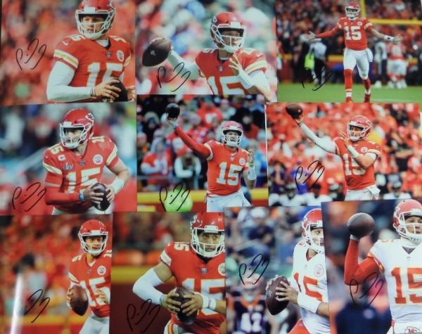 This high value grouping is TEN different full color 8x10 photos of Patrick Mahomes with the Kansas City Chiefs.  Each photo is personally-penned by the MVP, Super Bowl Champ and All Pro passer himself, and the total retail value of such a large lot is well into the thousands!