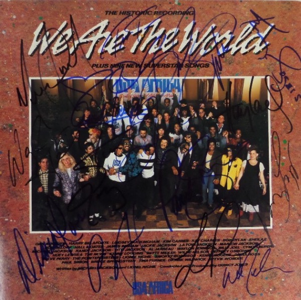 This original 1985 "We Are The World" LP album by the one time band, USA For Africa is in EX/MT condition, and comes front cover signed in blue and black sharpie by 15 members of this group.  Included are Michael Jackson (dec), Billy Joel, Willie Nelson, Waylon Jennings (dec), Diana Ross, Paul Simon, Kenny Rogers, Kenny Loggins, Lionel Richie, Dionne Warwick, Steve Perry, Huey Lewis, Bruce Springsteen, Cyndi Lauper and Tina Turner (dec), and this amazing piece of music history values into the THOUSANDS!!!