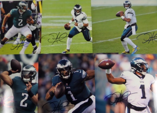 This MUST HAVE Eagles group lot is SIX different full color 8x10 photos of Jalen Hurts in action with the Birds.  Each is penned in black or blue sharpie by the All Pro QB and MVP candidate himself, and the total retail value of the four photos together is mid/high hundreds.  Well, in Philly, it's a lot higher!