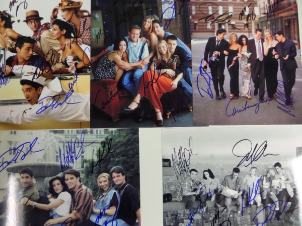 This awesome television collector's/dealer's chance is FIVE different 8x10 photos of the six stars from the hit '90's series, "Friends."  Each is penned by all six cast members, including Courtney Cox, Matt LeBlanc, Matthew Perry, Lisa Kudrow, David Schwimmer and Jennifer Aniston, and each 8x10 can retail into the mid hundreds by itself.  There is some SERIOUS retail potential here!