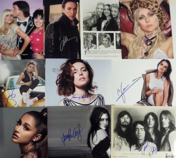 This outstanding assortment of celeb photos features lots of different stars from the celebrity world, and each is personally or dual-penned by the star(s) pictured.  Included are marquee names like Suzanne Somers (dec), Selena Gomez, Paul Rodgers, John Cusack, Maggie Gyllenhaal, Leslie Mann, Jennifer Lawrence, Michael Douglas, Mary Elizabeth Winstead, Daisy Ridley, Penelope Cruz, Deborah Harry, Jennifer Love Hewitt, Ariana Grande, Sean William Scott, Mira Sorvino/Lisa Kudrow, David Duchovny, Rose Byrne, Anna Kendrick, Gillian Anderson/David Duchovny, Pam Anderson, and more, and the total retail value here is well into the low thousands!