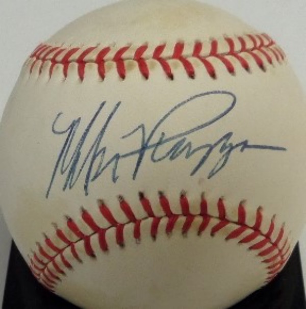 This Official National League baseball from Rawlings is cubed in VG shape overall, and comes hand-signed in blue ink by HOF Dodgers/Mets catcher, Mike Piazza.  The sweet spot signature looks to be a more careful, 1990's Piazza autograph, and grades a strong 8.5-9 overall.  Valued well into the hundreds!