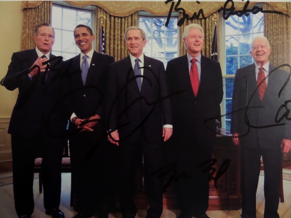 This color 8.5x11 Oval Office photo shows five United States Presidents, and comes hand signed in black sharpie by each and every one of them.  Included are Bush, Clinton, Carter, Bush, and Obama, and this photo will frame exquisitely to become the envy of any and ALL onlookers.  A couple of these icons don't look like they're going to be around much longer, and Bush Sr is no longer with us, so this photo is, no doubt, a solid investment item!  