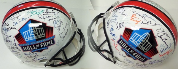 This full size Pro Football Hall Of Fame logo replica helmet from Riddell is a real looker that is hand-signed in various colors by more than 70 greats of the gridiron!  Sigs range here from 5's-9's, and Included are Shell, Bradshaw, Campbell, Donovan, Harris, Fouts, Dudley, Sanders, Madden, Montana, Brown, Ditka, Namath, Greene, Shula, Staubach, Baugh, Jurgensen, Gifford, LT, D. Jones, Lilly, A. Davis, Blanda, Griese, Riggins, Starr, Sayers, and so many more.  Lots of deceased all time greats here, and the helmet is valued well into the thousands!