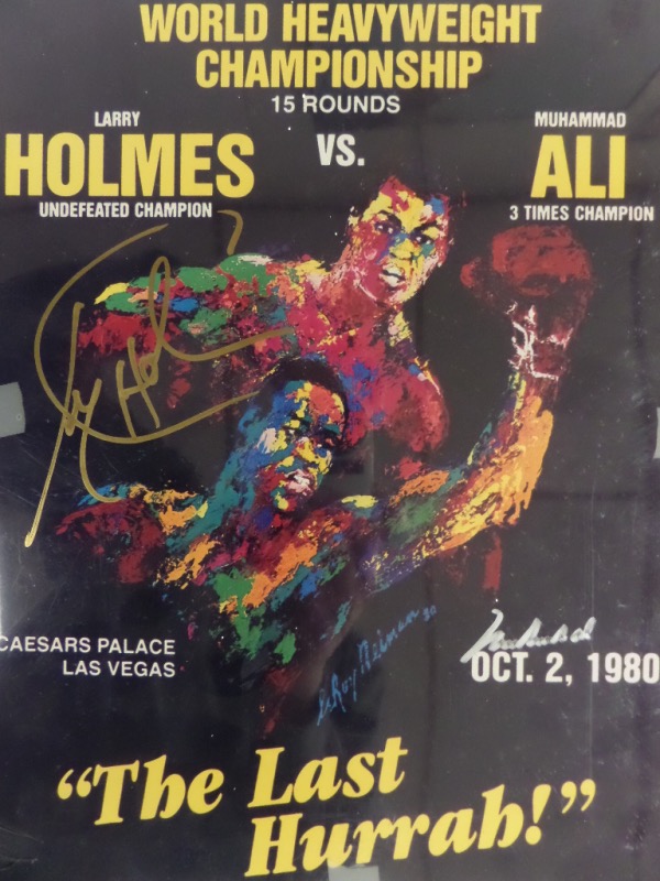 This superb 11x14 poster is from their 1980 fight, shows both HOF Greats as only artist LeRoy Neiman can, and comes hand signed in paint pen by both Larry and Muhammad. Very frameable, high value, and sold here with NO reserve! 