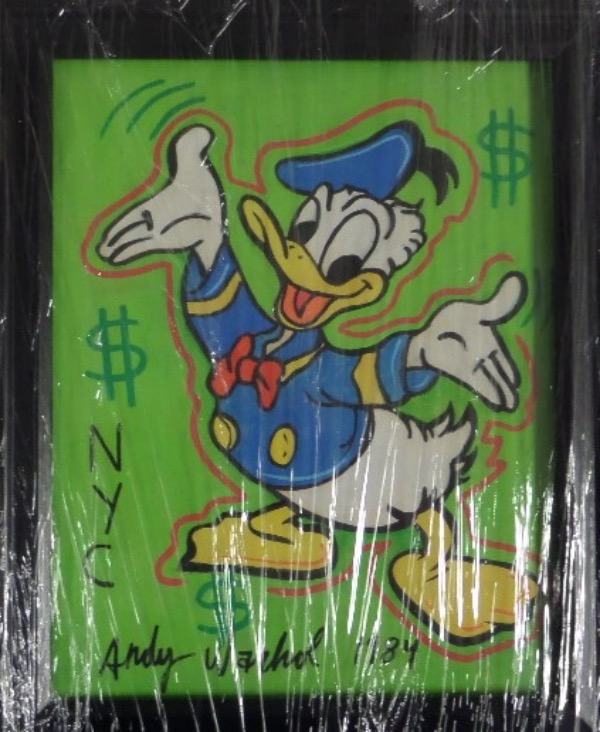 This superb work is a 1984 dated beauty, shows the Hollywood cartoon Icon in a great body shot, and comes hand signed by the noted NYC Pop Artist. High value here, loaded with many colors, and sold with NO reserve! Framed in black, and ready to hang! Green is the key color here, and lots of it! Loaded with exhibition markings and stamps on the reverse.