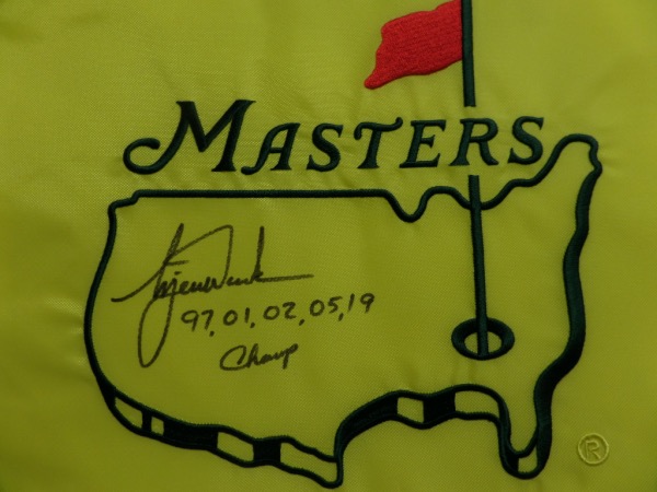 This mint, real pin flag is from Augusta, site of the tournament, and comes hand signed by THE Tiger Woods!!! It grades a bold 8 in black sharpie, has the 5 years that he won written and listed, followed by the word Champ, and value can reach thousands on the reluctant signer. Solid buy and hold investment, in the still ever popular star!
