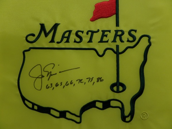 This yellow Masters logo pin flag is in MINT condition, and comes black sharpie-signed by the greatest golfer of ALL TIME, Jack Nicklaus.  The signature grades a legible 8, and includes an incredible inscription of the SIX different years that he took home the green jacket.  A fantastic PGA item, and retail is high hundreds!  BEAUTIFUL!