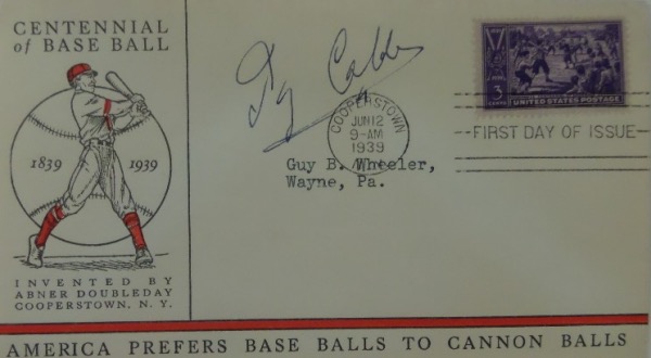 This June 12, 1939 stamped Baseball Centennial 1839-1939 First Day of Issue cachet is still in EX/EX+ overall condition.  It is hand-signed in blue ink by the great Georgia Peach himself, Ty Cobb, and grades an overall 7.5.  A super HOF memento, and retail is very high hundreds!