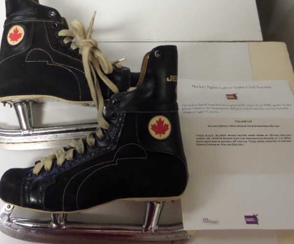 This museum worthy lot is a well used pair of ice skates, worn by the "Great One" during his rookie season in Edmonton, then donated to the NHL for their "Hockey Fights Cancer" auction and campaign. A full JSA approval and LOA accompanies from the NHL, and value is MANY times our opening bid amount. 