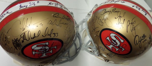 This is a $300 helmet before it was signed, and the facemask and chin strap remain. It comes hand signed IN PERSON by MANY, all appear in bold black sharpie, and 95% can easily be identified by reading it, or their numbers being added. Rice, Taylor, Young and Seifert are here, as are many more team stars and legends, and an honest overall grade of the World Champs $3500.00 piece is a 7. 