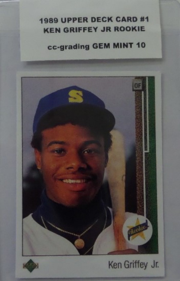 This ROOKIE card of Ken Griffey Jr is from the 1989 Upper Deck set and card #1. This beauty is Perfect in every way AND DESERVES THE gem mint GRADE.  Corners Sharp, color great, back clean, and a must have card valued in this condition near $850.