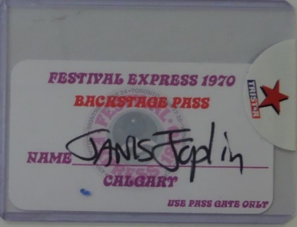 This super rare item comes sealed up by Tri-Star, and is her original 1970 dated festival pass from Calgary. It has her name boldly written on it, and we don't know if she wrote it, or the promoters did...In like-new condition, and value is many times our opening bid pricing on the long deceased rock n' roll HOF Legend. 