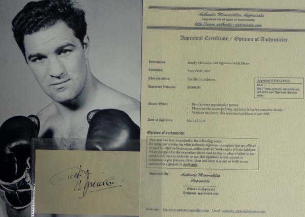 This approximately 3x5 cut of off white paper comes hand-signed in black ink by undefeated Heavyweight Champion, Rocky Marciano.  The signature is light, grading a 5, and comes certified by Authentic Memorabilia Appraisals, which assesses the value at a cool $1000.00.  Comes with a black and white photo for matting and framing.  A MUST for the serious boxing collector!