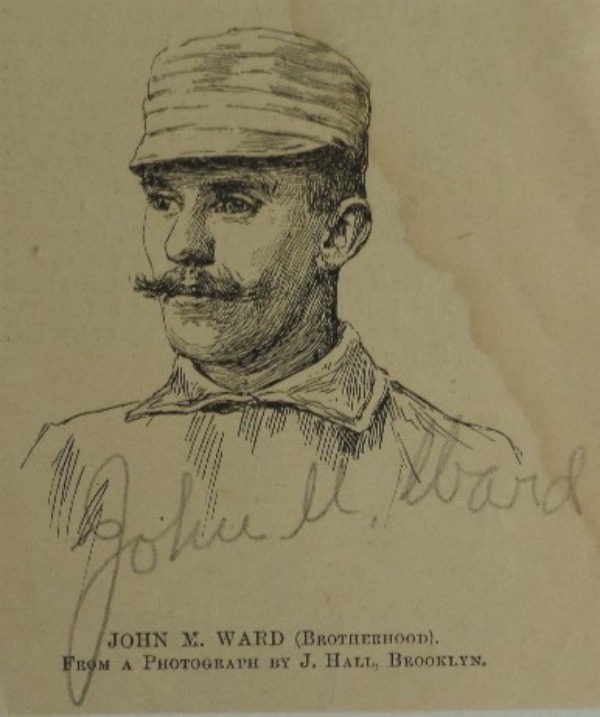 This cut is from an original issue of Harper's Weekley.  It measures 2.75x3, and is an excellent B&W image of HOF shortstop/pitcher and Players League pioneer, John Montgomery Ward.  It is pencil-signed, and grades an overall 6.  Small in stature, but long on value, this tiny photo still books in the low thousands!