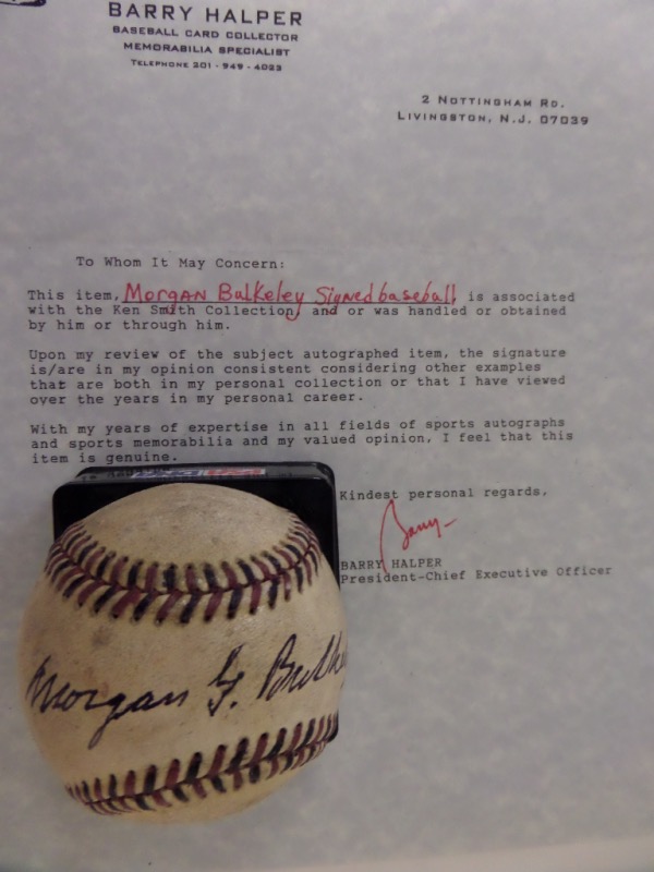 When it comes to hard to find baseball memorabilia, it doesn't get much more RARE than this red and black-laced vintage ball, hand-signed across the sweet spot by the NL's first President, Morgan Bulkeley!  The ball and signature grade STRONG 7's, and with the HOF pioneer/Senator/Governor now deceased more than a century, retail is WELL into the thousands!  Barry Halper LOA accompanies!