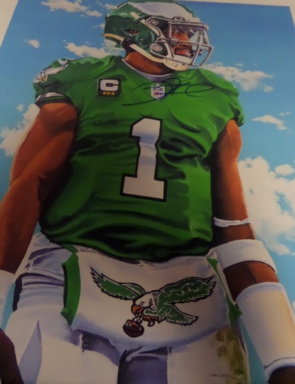 This stunner is about 20x24 in size, almost on a silk like canvas, and shows the NFL star QB in his green team color. It is a beauty, obviously by a talented artist, and comes hand signed in bold blue sharpie. High value, an sold here with NO reserve. It is a must frame NFL investment, and looks amazing from across our room. 