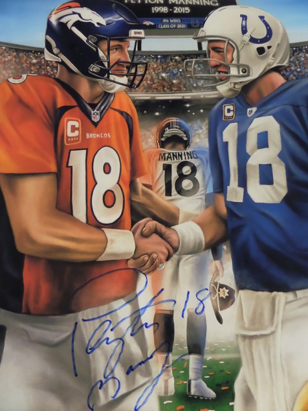 This stunner is about 20x24 in size, almost on a silk like canvas, and shows the NFL HOF star  in two different team poses. It is a beauty, obviously by a talented artist, and comes hand signed in bold blue sharpie. High value, an sold here with NO reserve. It is a must frame NFL investment, and looks amazing from across our room. 
