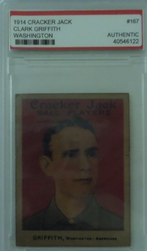 This Super 1914 Cracker Jack Clark Griffith Baseball card #167 comes slabbed and Graded by PSA as AUTHENTIC. The card is in Super condition and serial numbered from PSA and a value of $3000 in this slabbed condition. 